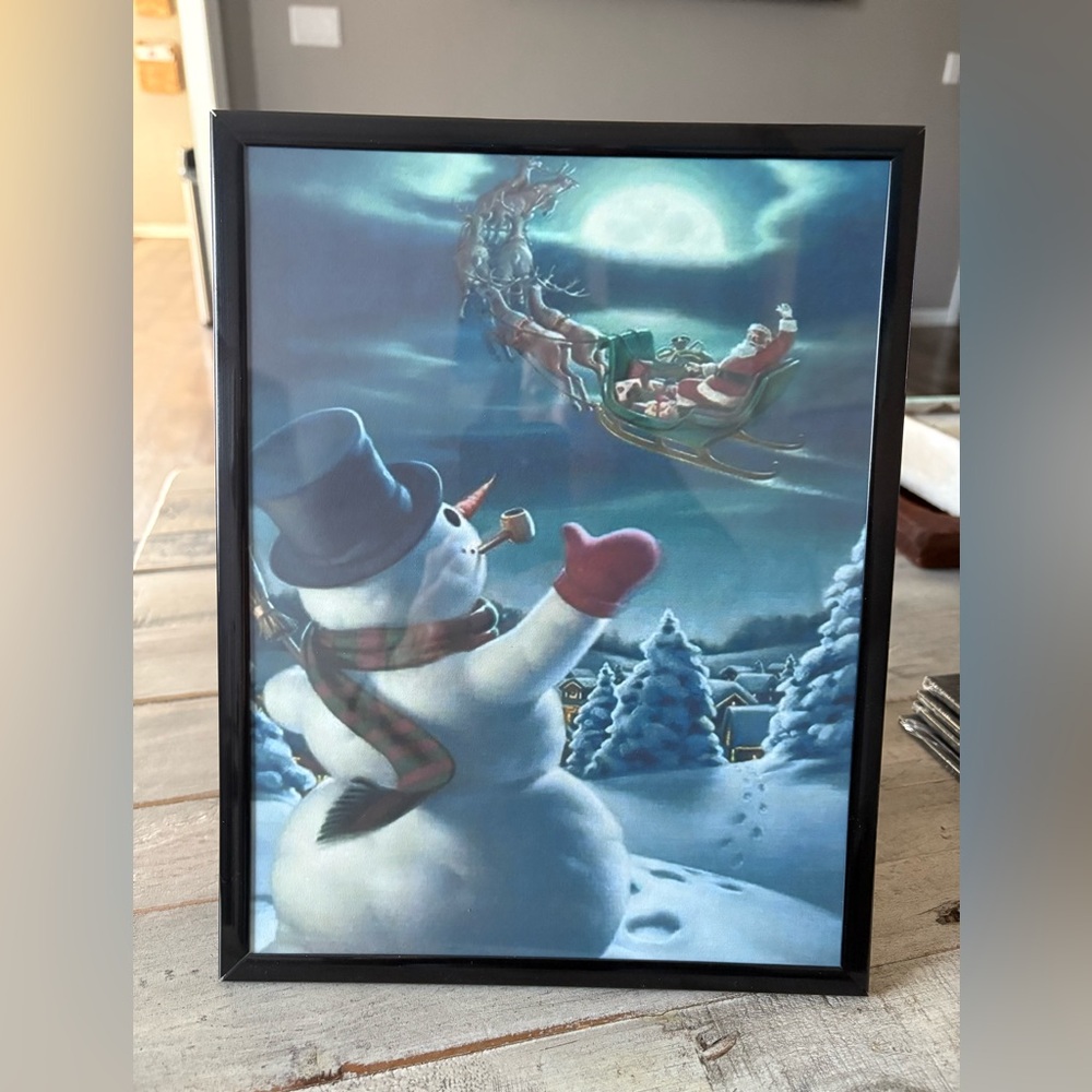 Whimsical Snowman Waving at Santa Framed Print 8x10 - Classic Christmas Decor